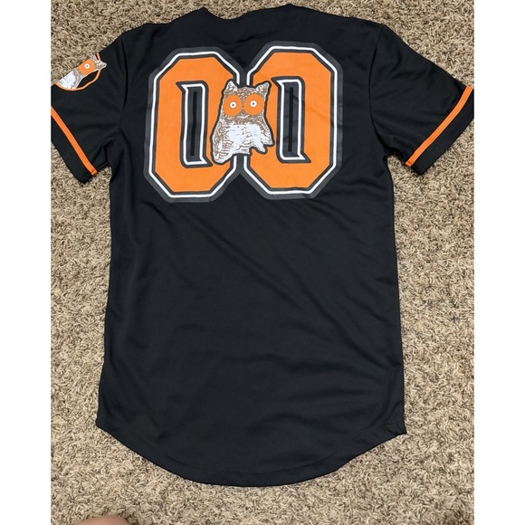 Hooters Racing Baseball Jersey Black Orange Button Up Shirt 00 Owl Logo Sz Small - Picture 4 of 6